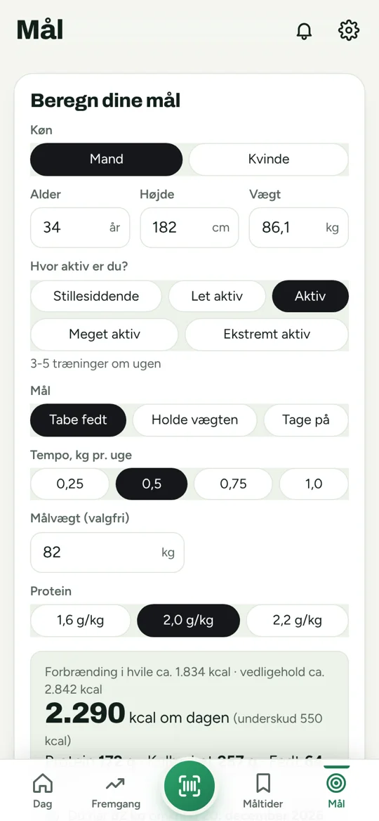Tempo i kg pr. uge og hvornår du når målet.