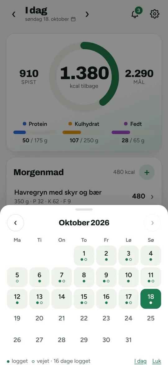 Se hvilke dage du har logget og vejet dig.