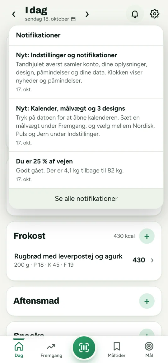 Nyheder, påmindelser og milepæle under klokken.